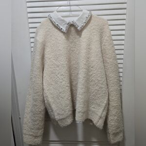 Cece Women's Boucle Knit Sweater With Jewel Embellished Collar